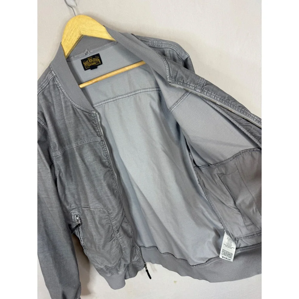 True Religion Mens Runner Jacket Grey Full Zip Bomber Coat Large KM7G29XY00337
